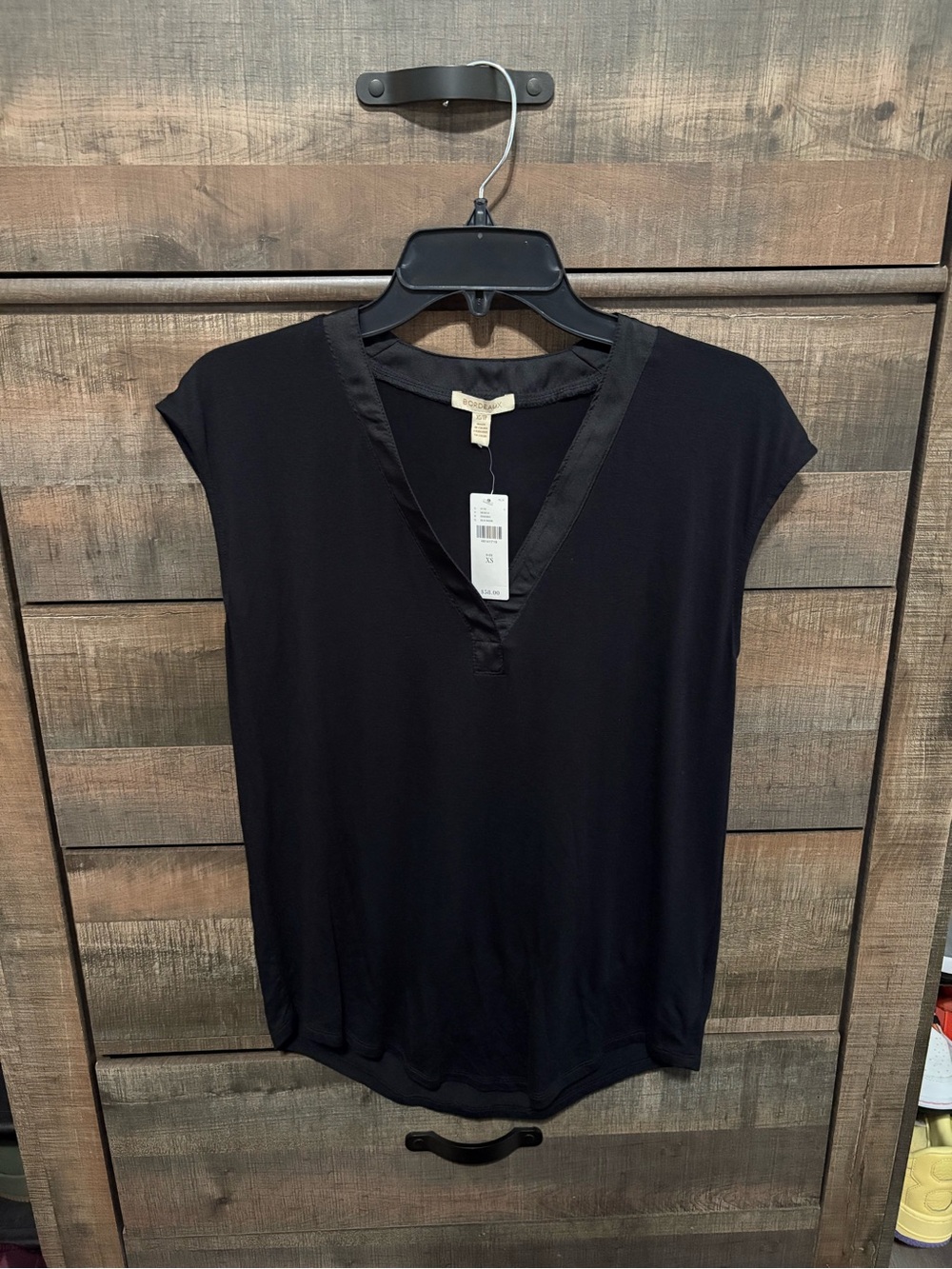 Bordeaux Black V-Neck Short Sleeve Tee with Satin Trim